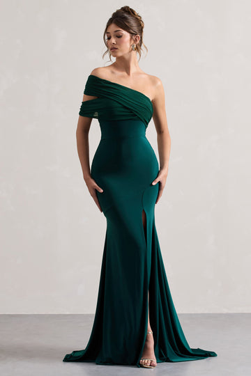 Fused Bottle Green Asymmetric Bardot Split Maxi Dress